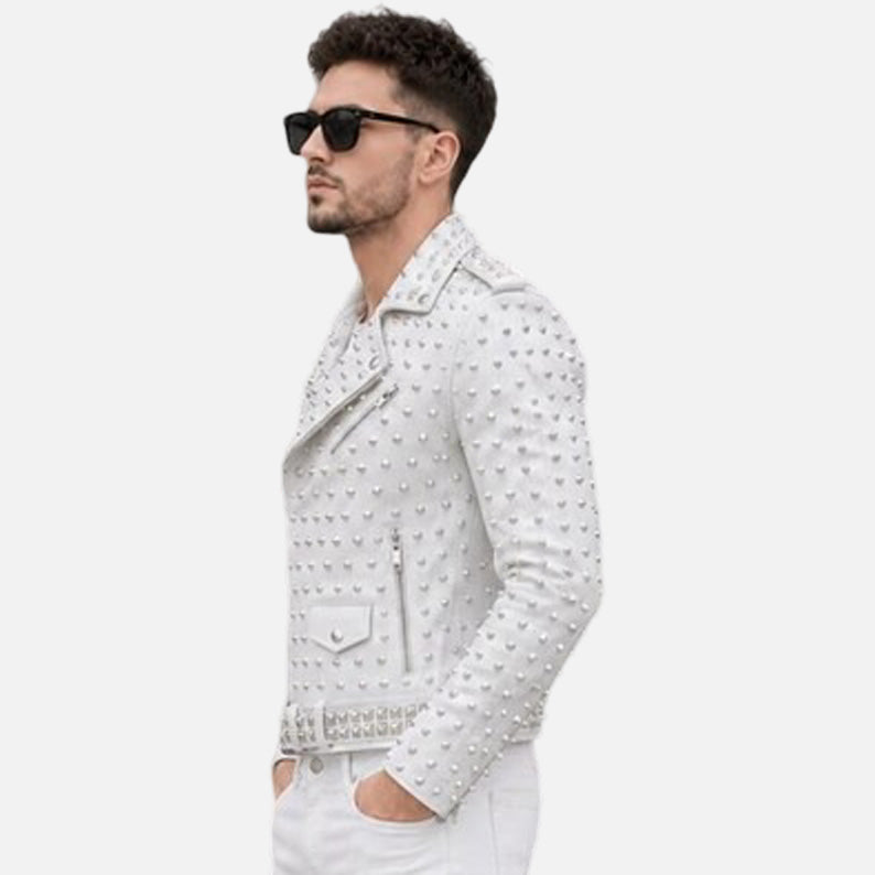 Buy men’s white studded leather biker coat with edgy silver rivets and classic moto style