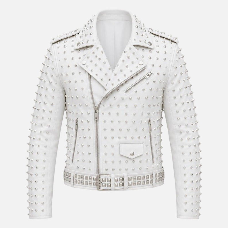 New men’s white studded leather biker jacket with silver rivet detailing and punk rocker style
