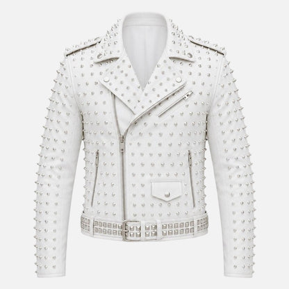 New men’s white studded leather biker jacket with silver rivet detailing and punk rocker style