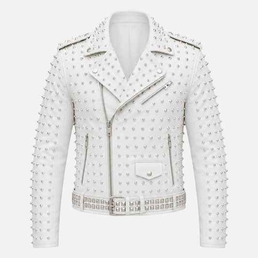 New men’s white studded leather biker jacket with silver rivet detailing and punk rocker style