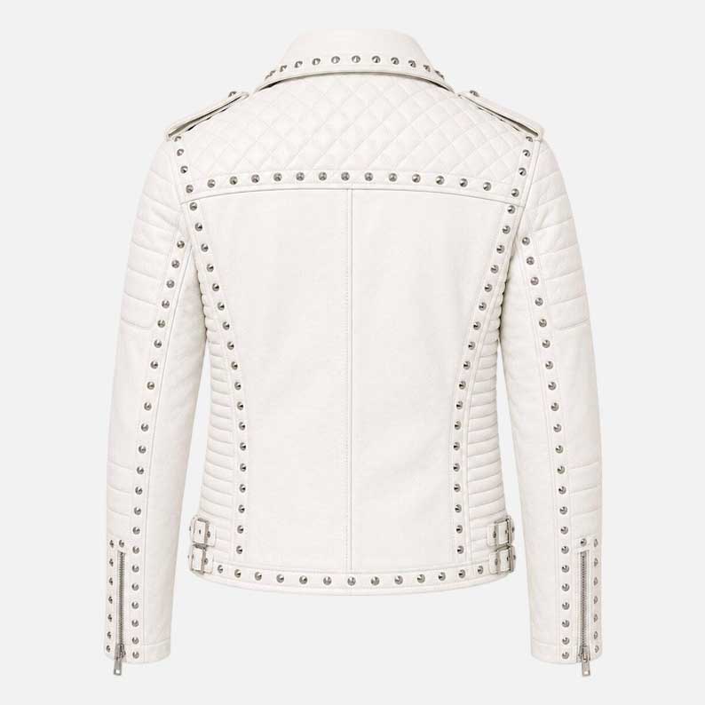 Best quilted moto biker jacket in white leather with silver hardware and asymmetric zipper