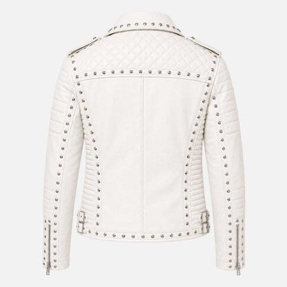Best quilted moto biker jacket in white leather with silver hardware and asymmetric zipper