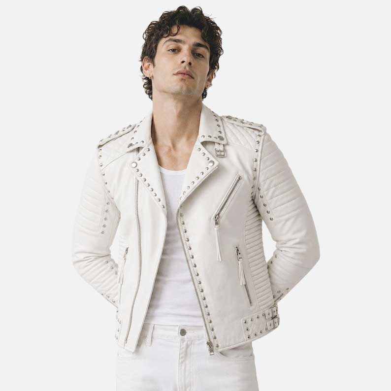 Stylish white studded leather jacket for sale with premium handcrafted biker design