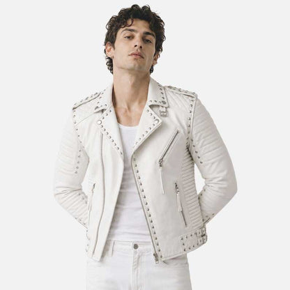 Stylish white studded leather jacket for sale with premium handcrafted biker design