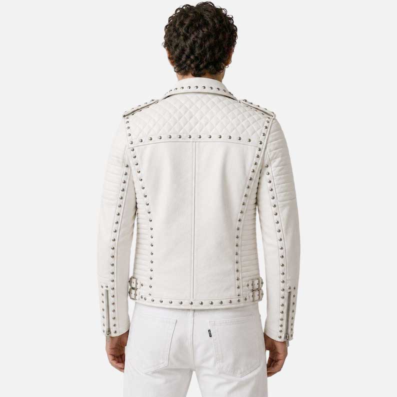 Premium white quilted biker jacket with top grain cowhide leather and silver hardware