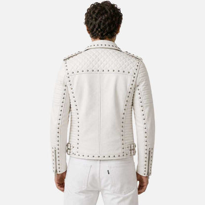 Premium white quilted biker jacket with top grain cowhide leather and silver hardware
