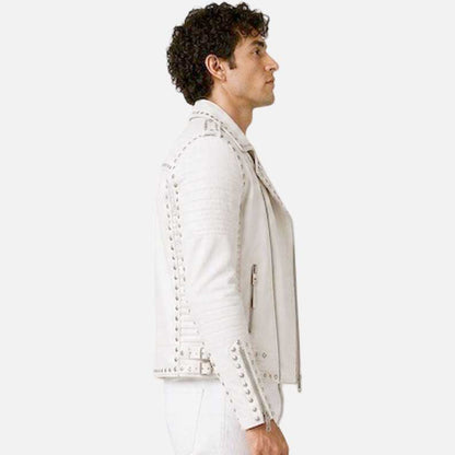 Affordable white moto leather jacket buy online with studded biker styling