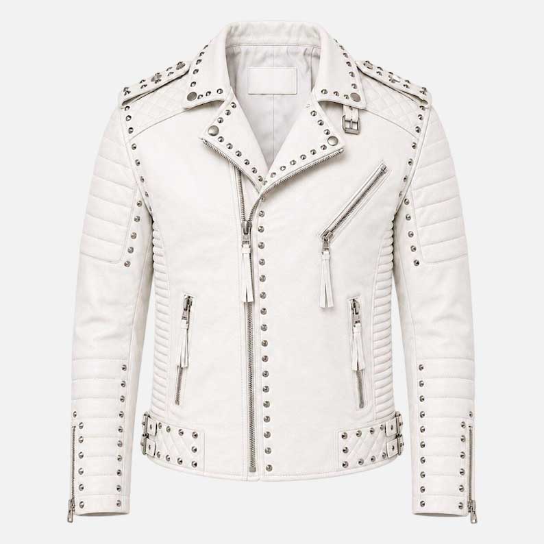 New white studded leather jacket for men with silver dome stud detailing and quilted moto design