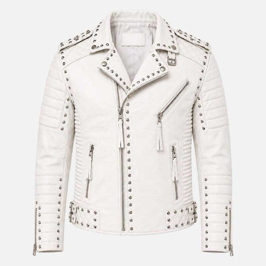 New white studded leather jacket for men with silver dome stud detailing and quilted moto design