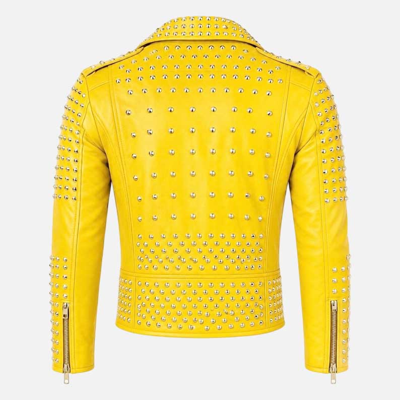 Best studded yellow moto jacket with gold tone zippers and chain hip detail