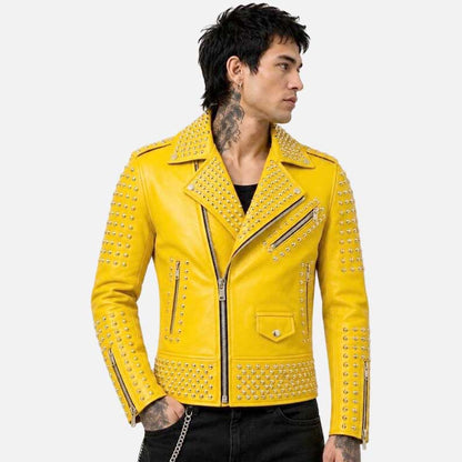 Stylish yellow leather biker jacket for sale with handcrafted studded biker design