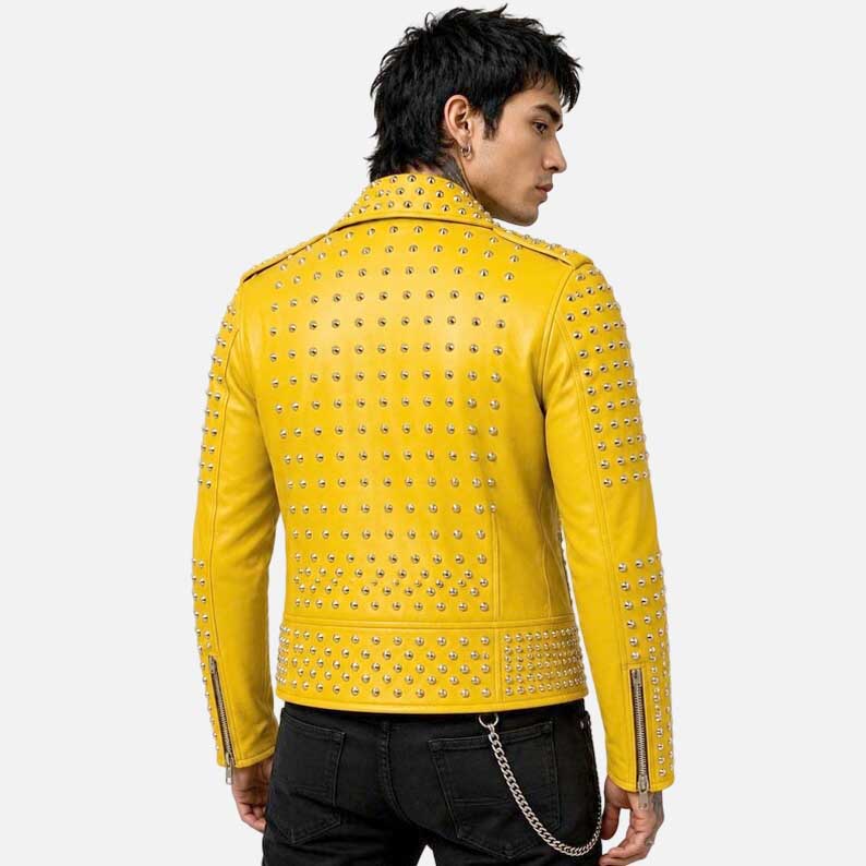 Premium mustard yellow studded leather jacket with silver cone studs and luxury hardware