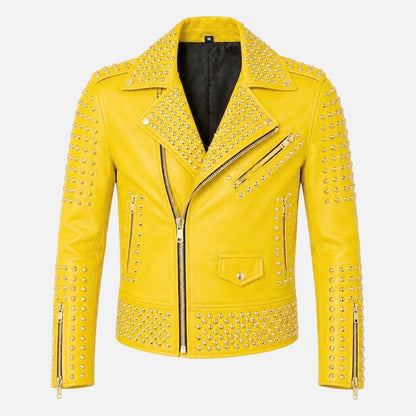 New yellow studded leather biker jacket for men with silver dome studs and moto styling