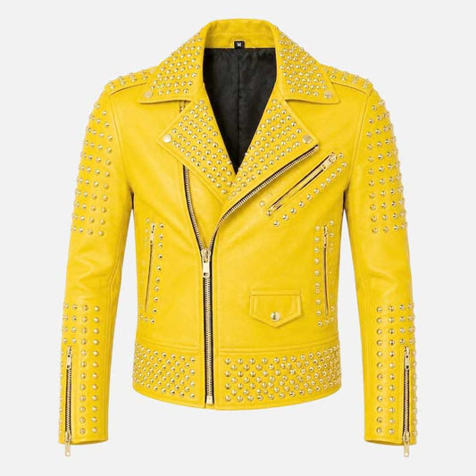 New yellow studded leather biker jacket for men with silver dome studs and moto styling