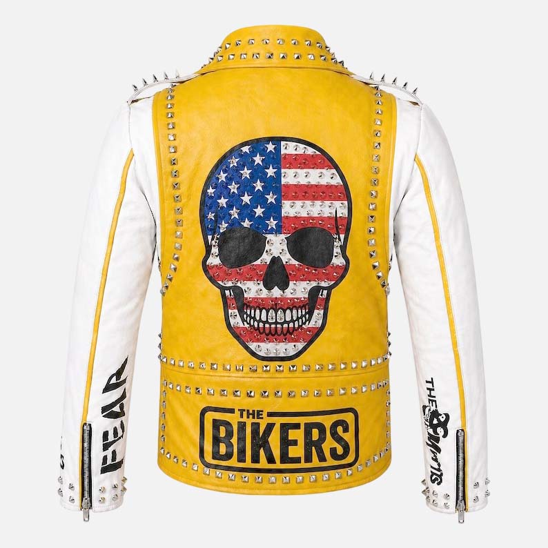 Best yellow white punk moto jacket for men with silver studded biker detailing by Glory Store US