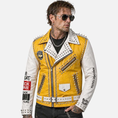 Stylish yellow studded leather biker jacket for sale with edgy punk rock design by Glory Store US