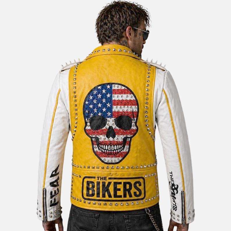 Premium yellow white biker leather jacket for men with silver hardware and studded detailing by Glory Store US
