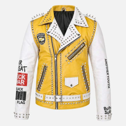 New men’s yellow white studded leather biker jacket with punk rock moto styling by Glory Store US