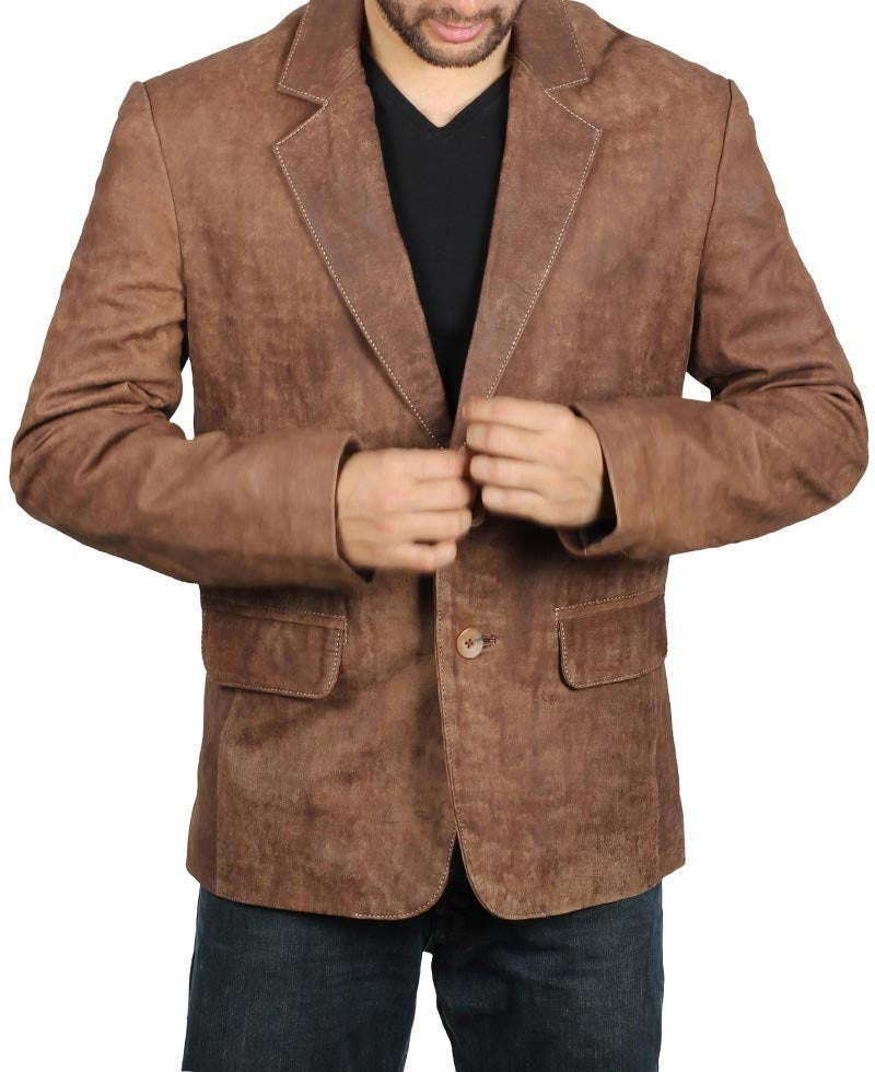 Men's Exclusive Two Button Real Leather Brown Blazer - Timeless Sophistication