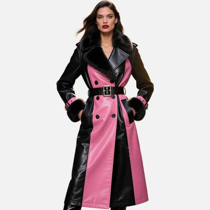 Mew black and pink studded leather trench coat for women crafted from genuine cowhide by Glory Store US