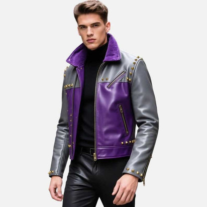 Mew gray and purple studded leather biker jacket with gold hardware handcrafted by Glory Store US