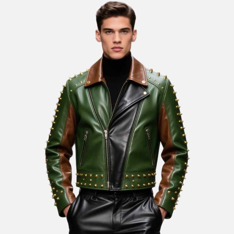 Mew green brown studded leather biker jacket with gold spikes handcrafted from genuine cowhide by Glory Store US
