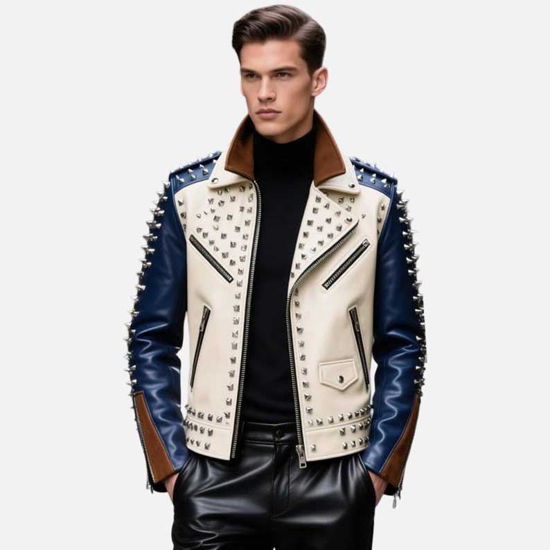 Mew tri tone studded leather moto jacket handcrafted from genuine cowhide by Glory Store US