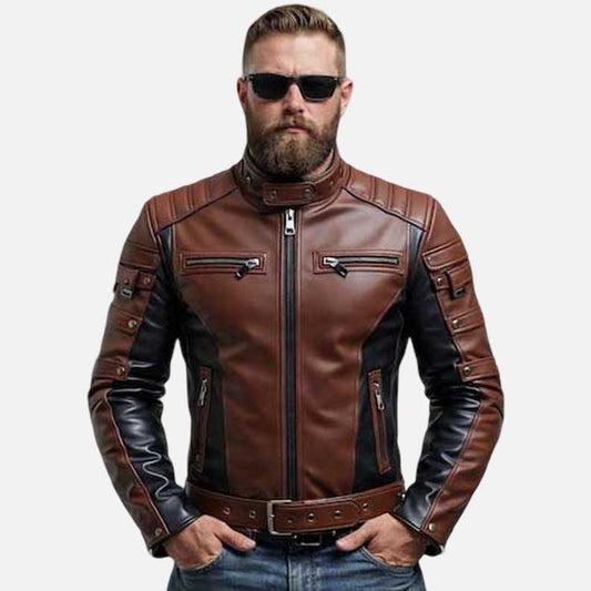 Mew two tone waxed leather moto jacket in brown and black handcrafted from full grain leather by Glory Store US