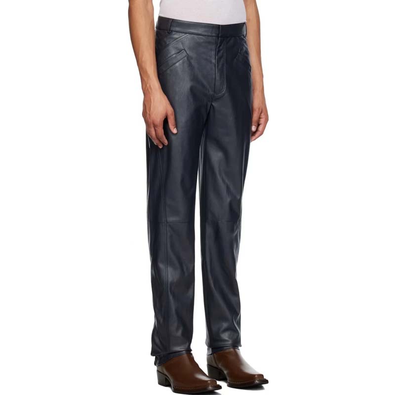 Men's Navy Blue Sheepskin Leather Pants with Zip Expansion Cuff Style