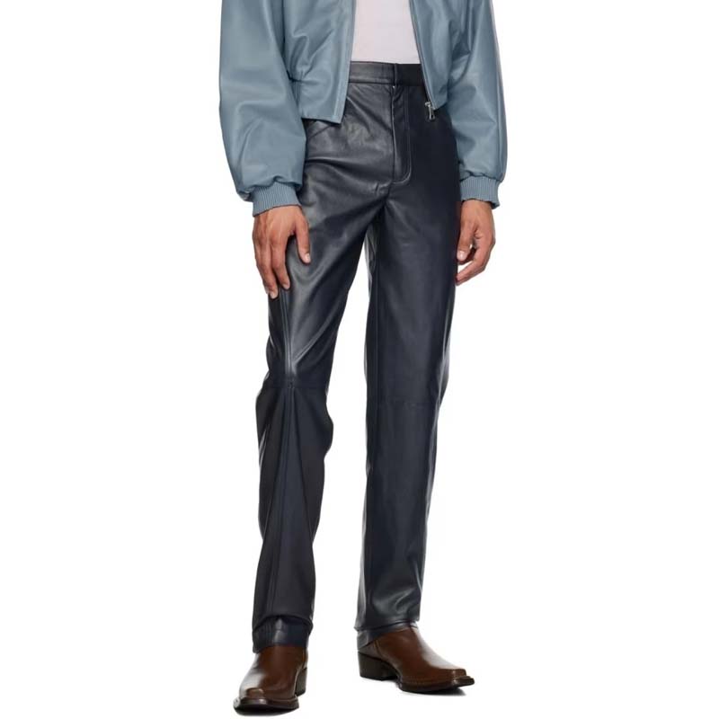 Men's Navy Blue Sheepskin Leather Pants with Zip Expansion Cuff Style