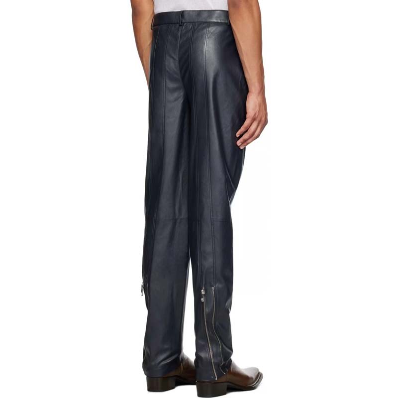 Men's Navy Blue Sheepskin Leather Pants with Zip Expansion Cuff Style