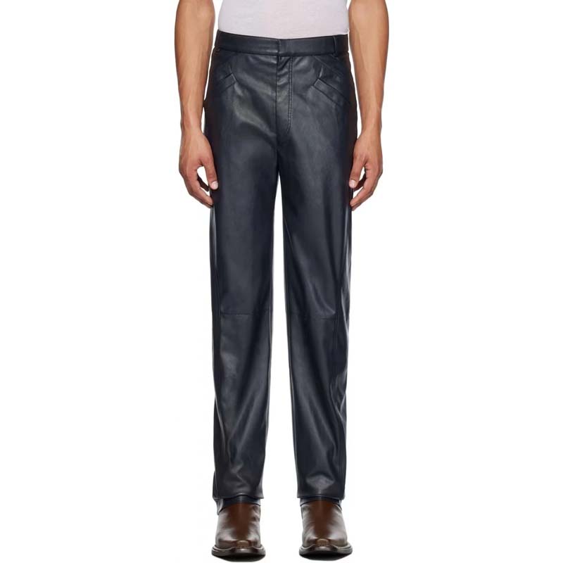 Men's Navy Blue Sheepskin Leather Pants with Zip Expansion Cuff Style