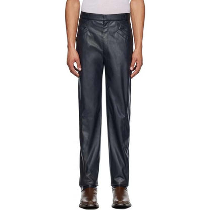 Men's Navy Blue Sheepskin Leather Pants with Zip Expansion Cuff Style