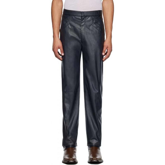 Men's Navy Blue Sheepskin Leather Pants with Zip Expansion Cuff Style