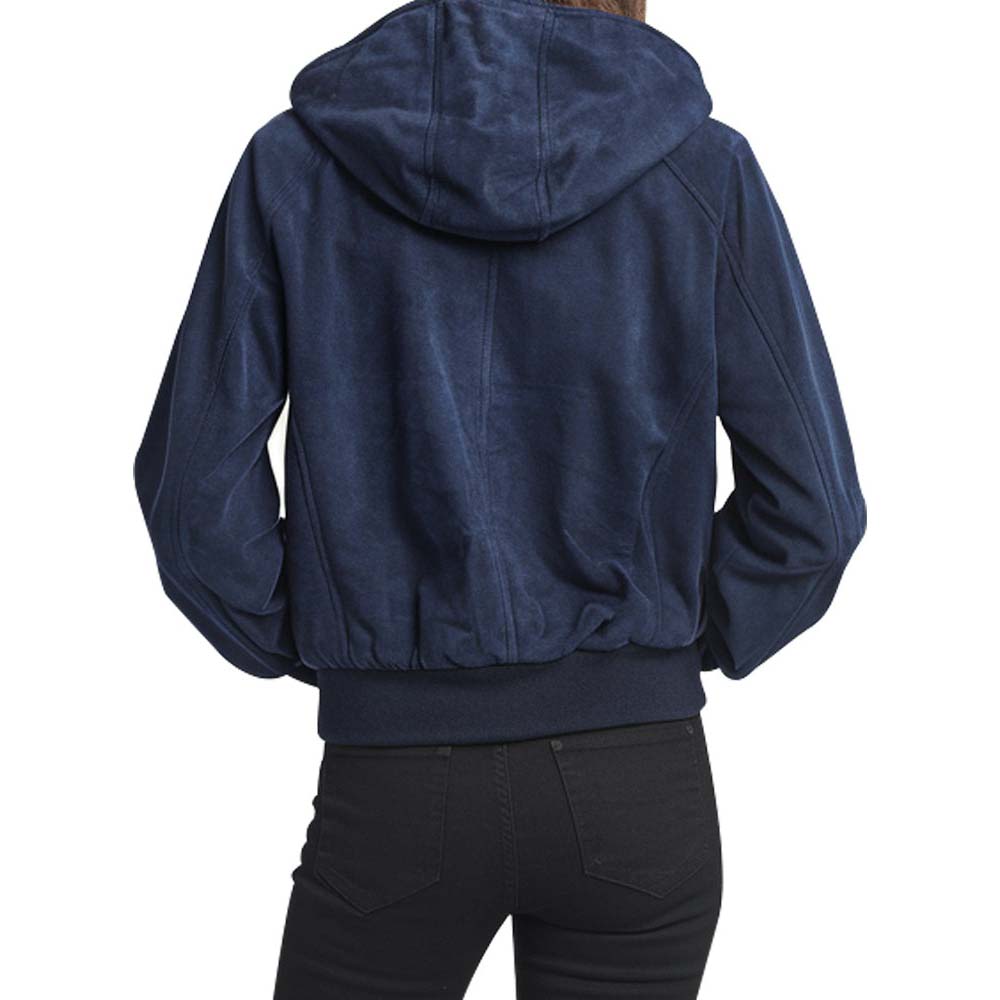 Women's Navy Blue Suede Bomber Jacket with Attached Hood