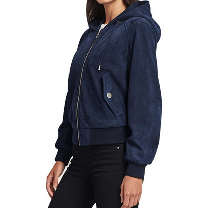 Women's Navy Blue Suede Bomber Jacket with Attached Hood