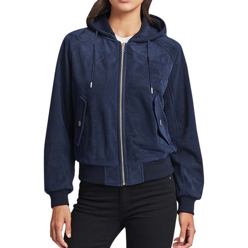 Women's Navy Blue Suede Bomber Jacket with Attached Hood