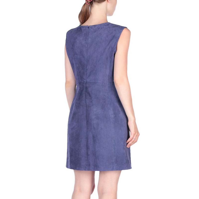 Women's Navy Blue Suede Leather Dress with Sleeveless Mini Design