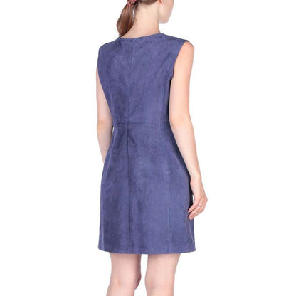 Women's Navy Blue Suede Leather Dress with Sleeveless Mini Design