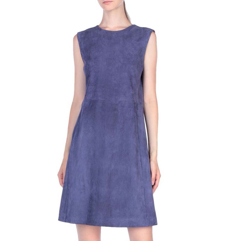 Women's Navy Blue Suede Leather Dress with Sleeveless Mini Design