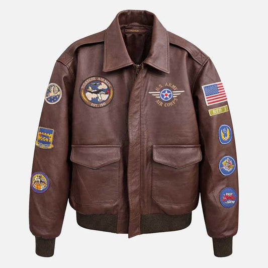 New Tuskegee Airmen A2 brown bomber leather jacket for sale crafted in real leather by Glory Store US