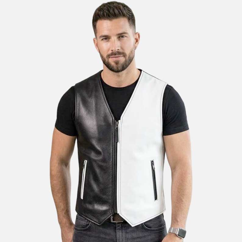 New black and white leather biker vest for men split contrast design