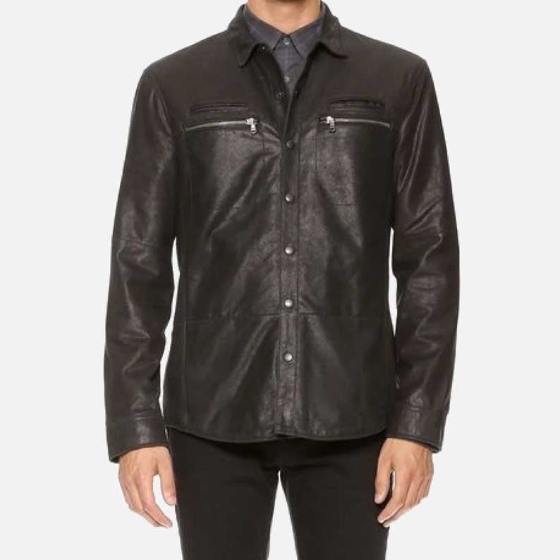 New black lambskin leather shirt for men made from real premium leather by Glory Store US