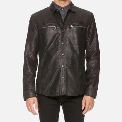 New black lambskin leather shirt for men made from real premium leather by Glory Store US