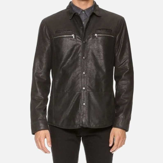 New black lambskin leather shirt for men made from real premium leather by Glory Store US