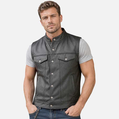 New black leather vest for men with mandarin collar and snap button front by Glory Store US