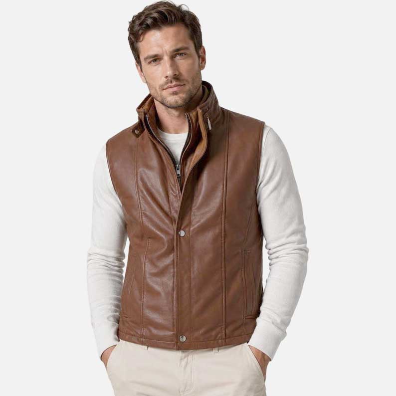 New brown leather vest for men with slim fit design and stand collar by Glory Store US