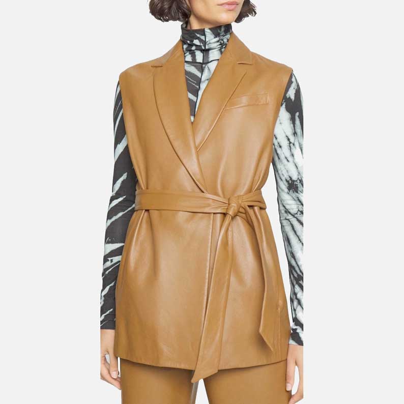 New brown leather vest women long lambskin style by Glory Store US