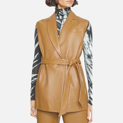 New brown leather vest women long lambskin style by Glory Store US