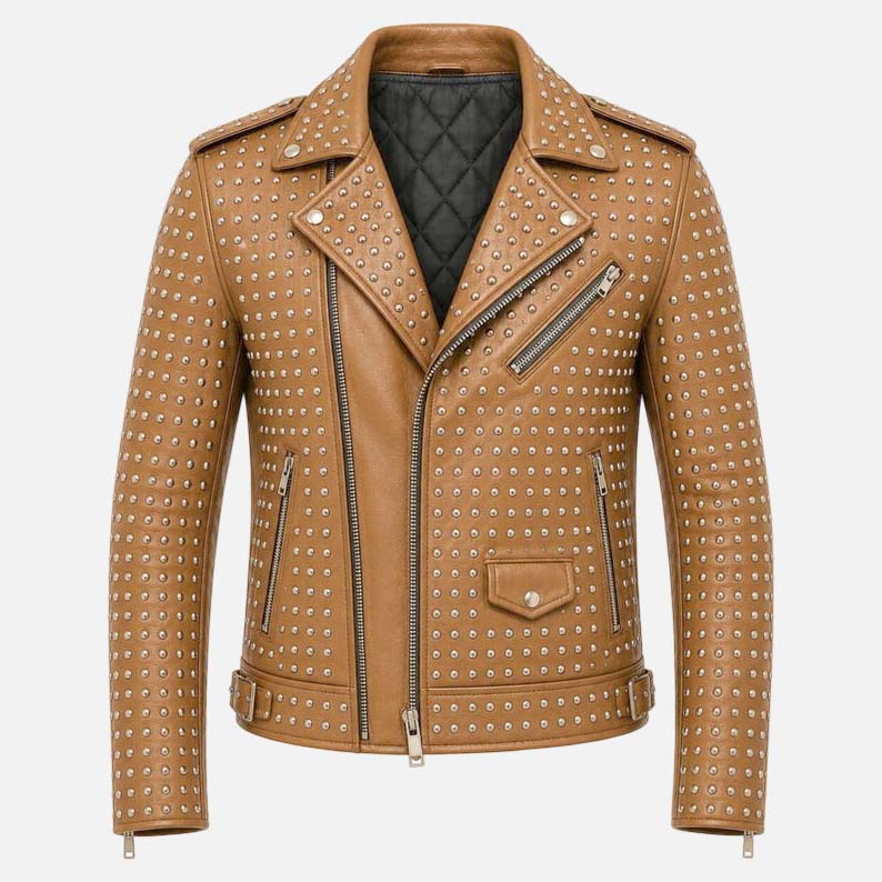 New men’s brown studded leather biker jacket with silver stud detailing and punk rocker style